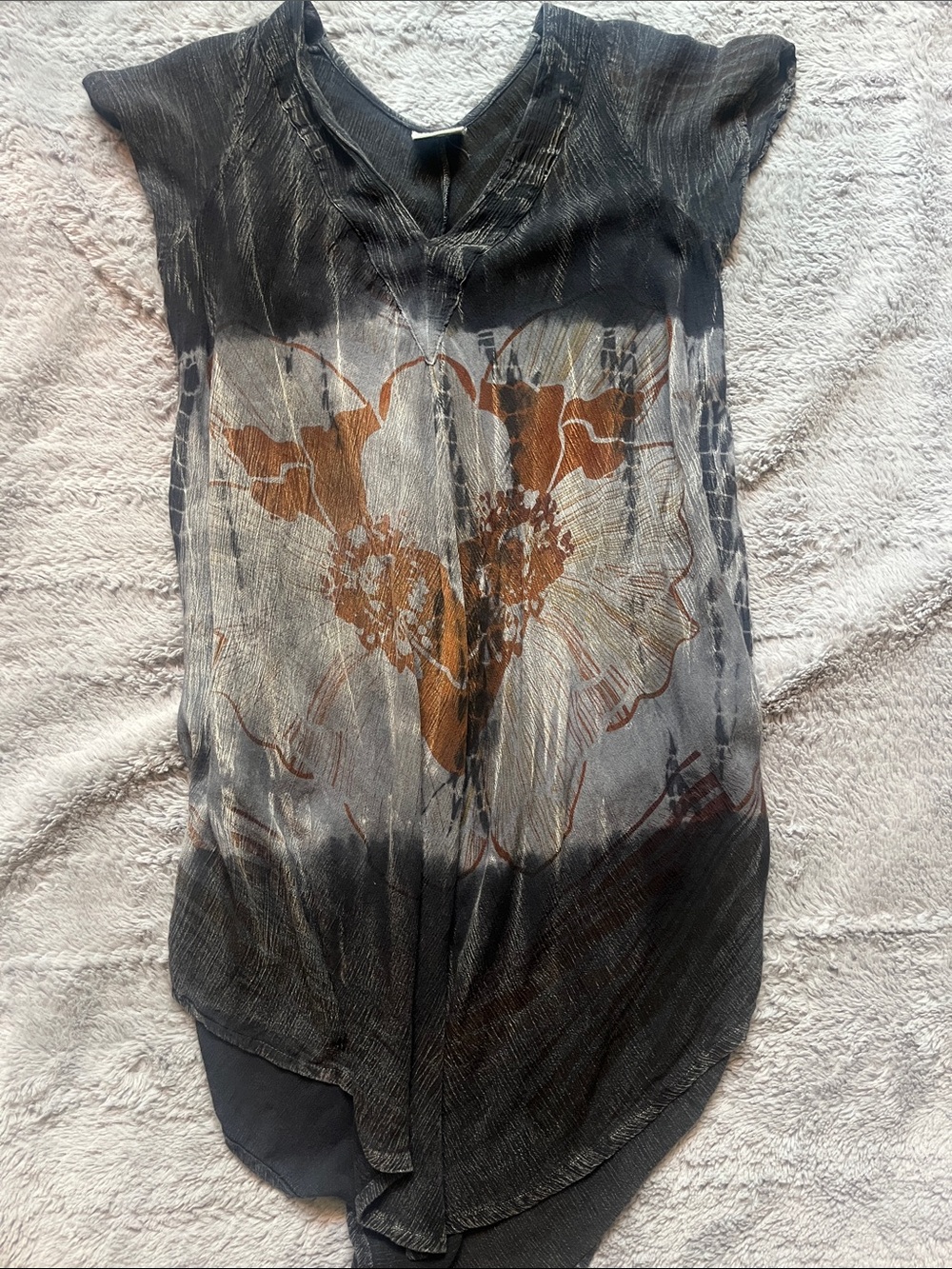 Shoreline Black Floral V-Neck Asymmetrical Tunic with Rust Accents